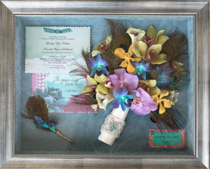 Peacock Feathers & Orchids in Silver Shadowbox