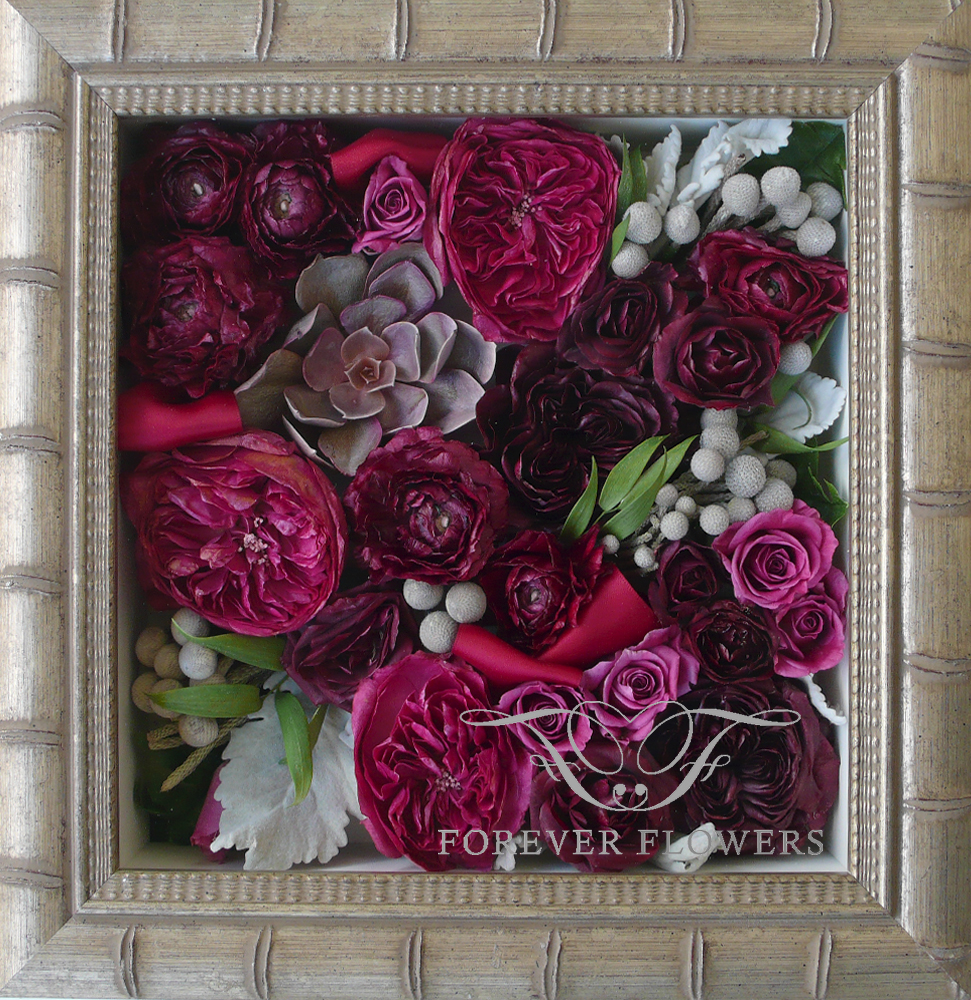 Pavé design shadowbox with roses and silver brunia